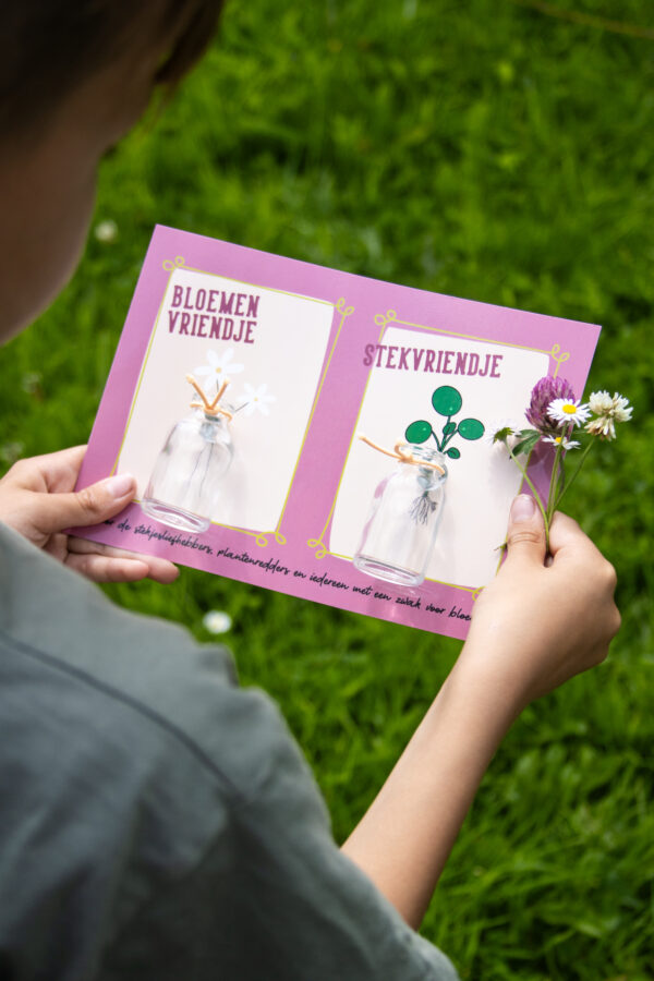 Dubbele stek en bloemenvriendjes - twee minivaasjes met zuignap op een vrolijke roze kaart